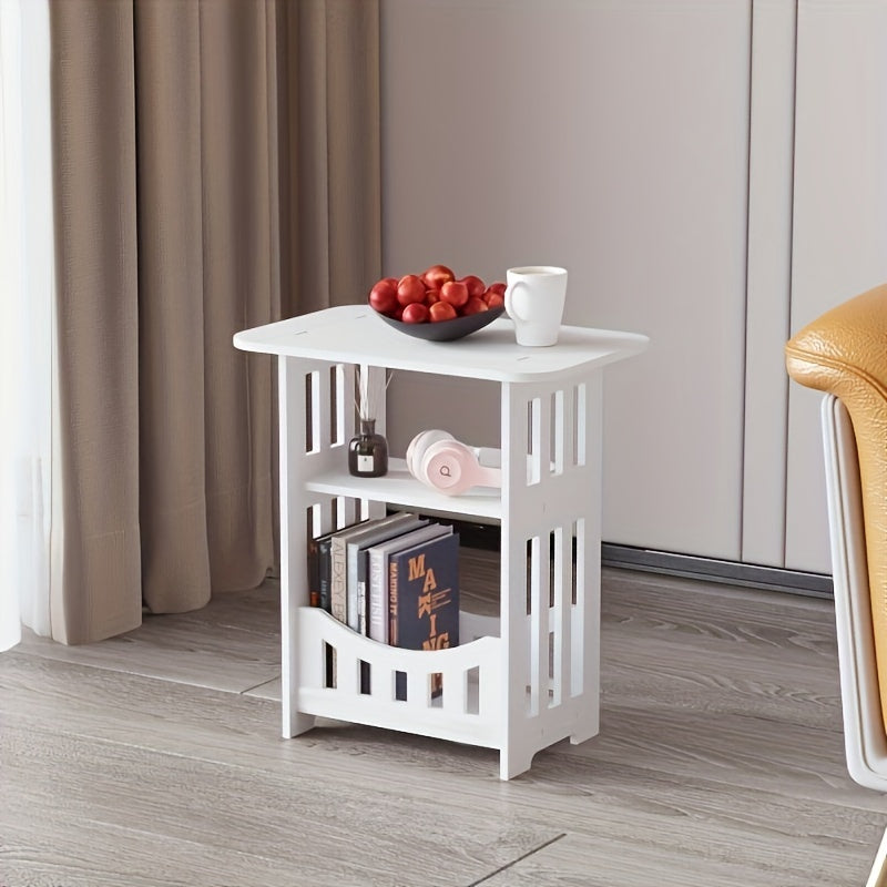 Modern Nordic minimalist wooden storage table with shelves, suitable for use in the bedroom or living room. This non-waterproof wood organizer has a multipurpose design and can also be used as a trunk.