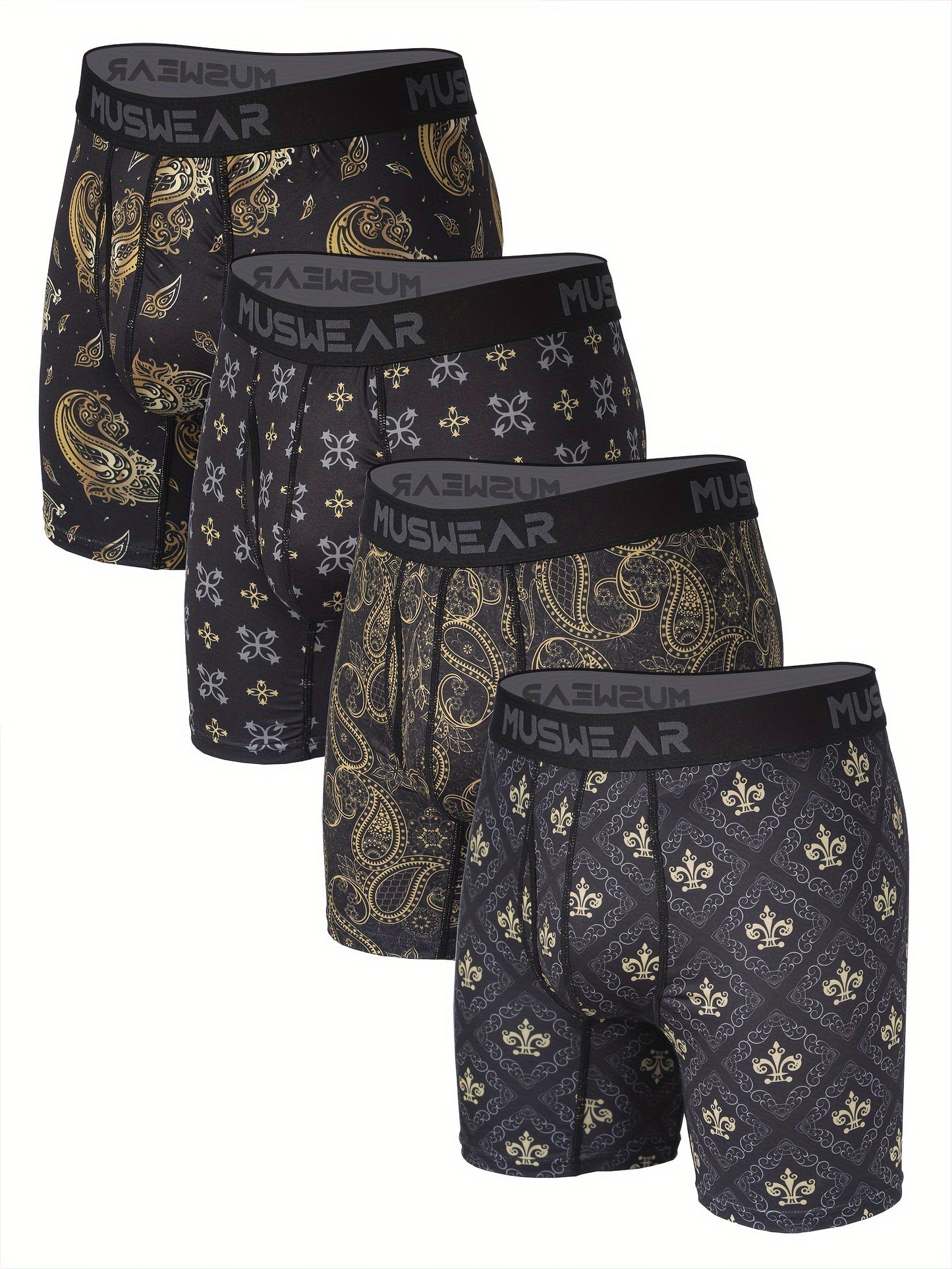 Men's Quick-Dry Boxer Briefs with Baroque Print, Side Openings, Stretchy Polyester & Spandex Blend