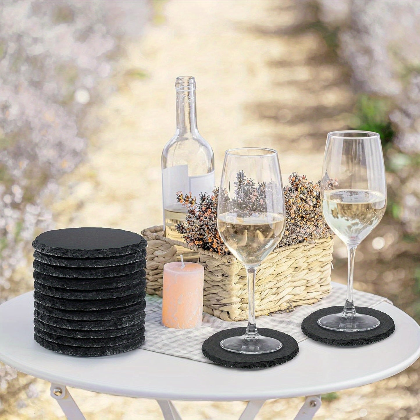 Get a pack of 48 slate coasters in bulk, each measuring 10.16 cm. These black coasters are perfect for drinks and can be customized with laser engraving. The set also includes 24 natural square and round stone coasters, ideal for various projects, gifts