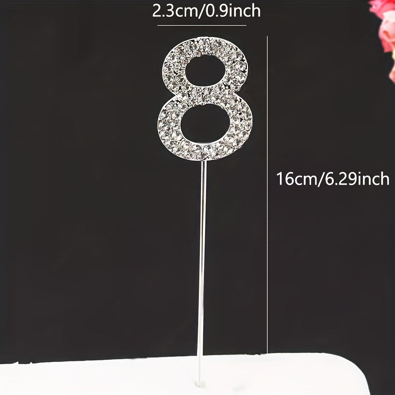 Rhinestone number cake topper in gold or silver, perfect for birthdays, showers, and weddings