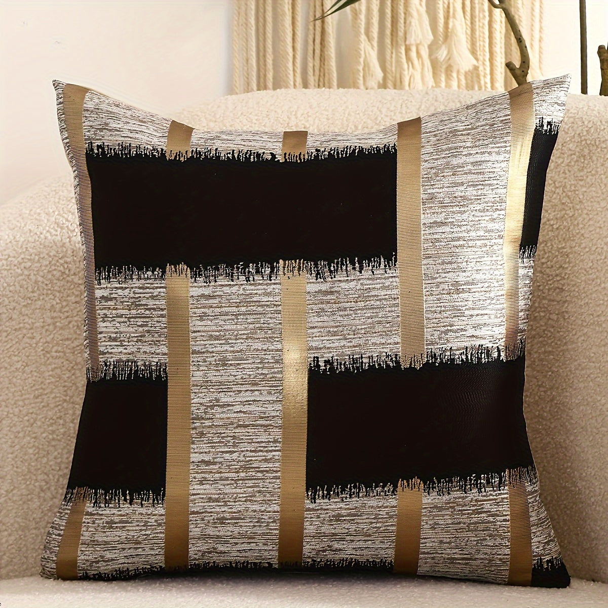 Set of 2 Elegant Geometric Pattern Throw Pillow Covers in Black, White, and Golden - Made of Luxurious Silk Jacquard with Zip Closure - Designed for Living Room Sofa Decor - Hand Wash Only - Perfect Addition to Your Couch