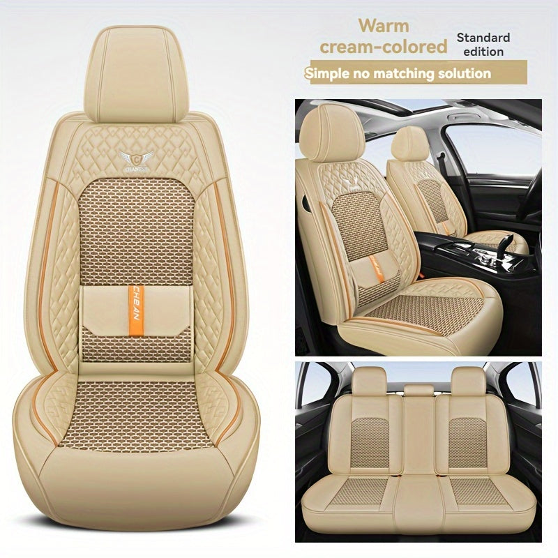 Luxury car seat covers for 5-seat cars in navy blue with orange accents. Made of breathable mesh and PU leather for maximum comfort. Ergonomic contour fit. Includes headrest. Vehicle