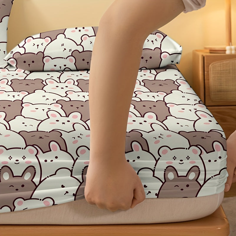 One piece of Cartoon Bear Print Fitted Sheet (Pillowcase not included) made of soft and comfortable material for a cozy sleep experience. Perfect for bedrooms or guest rooms, this brushed mattress protector features deep pockets for a secure fit. Fitted