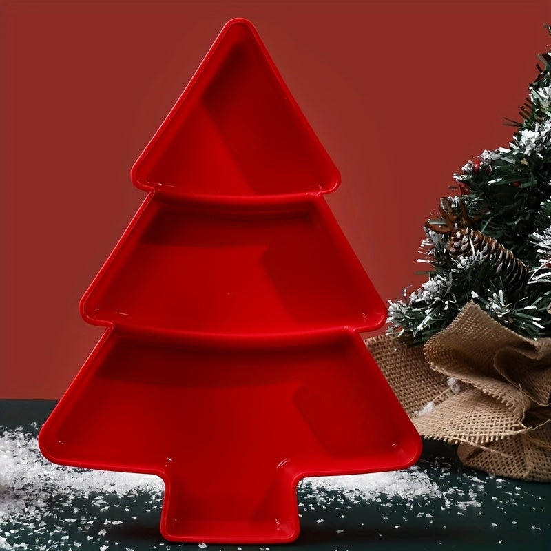 Christmas tree-shaped plastic tray for snacks, candy, fruit, and nuts. Perfect for parties, tea time, and gatherings. Ideal for office gift packaging. Made of durable plastic.