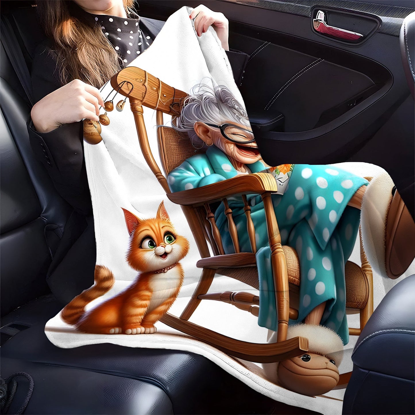 Stay warm and cozy with the 1pc Cozy Senior Life Flannel Throw Blanket featuring a charming Grandma in Rocking Chair with Cat print design. This contemporary style blanket offers all-season comfort with its knitted polyester material. It's the ideal gift