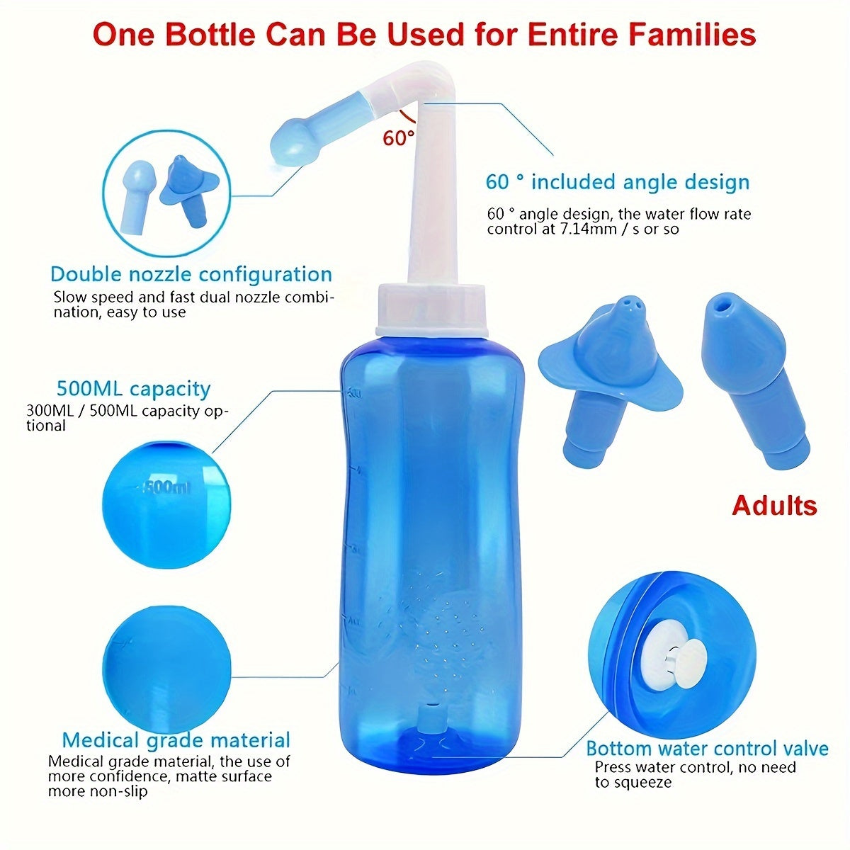 Nasal wash bottle for sinus relief and nose care, includes neti pot for nasal irrigation. BPA-free and ideal for those suffering from rhinitis, allergies, colds, and flu. Available in 300ml or 500ml sizes.