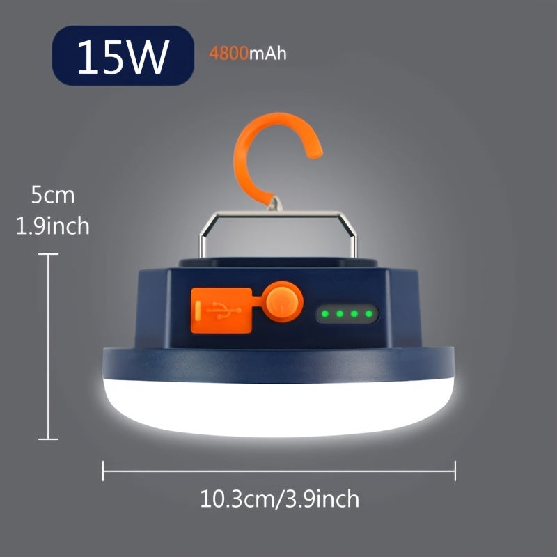 Rechargeable LED camping lantern with magnetic base, 4800mAh lithium battery, 4 lighting modes (including SOS), durable plastic construction, push button control. No accessories included.