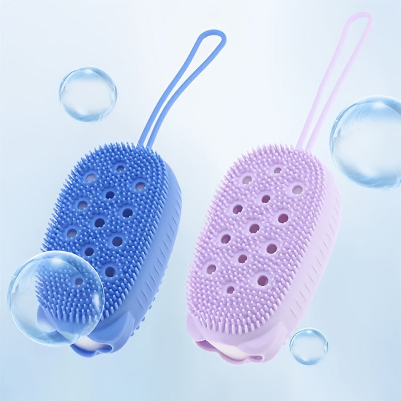 Silicone body scrubber for exfoliating and cleaning in the shower.