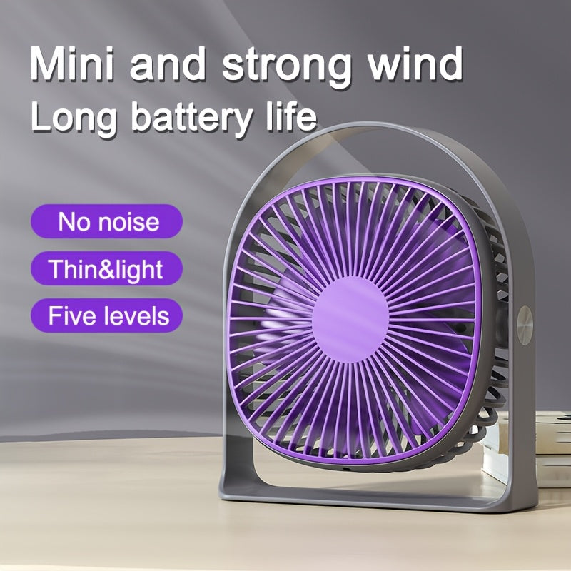 Desktop Fan with LED Light, 5-Speed Strong Wind, 360° Rotatable Head, USB Rechargeable 1200mAh Lithium Battery, Portable Design, Button Control, Plastic Material, Suitable for Indoor & Outdoor Use in Office, Restaurant, Bedroom