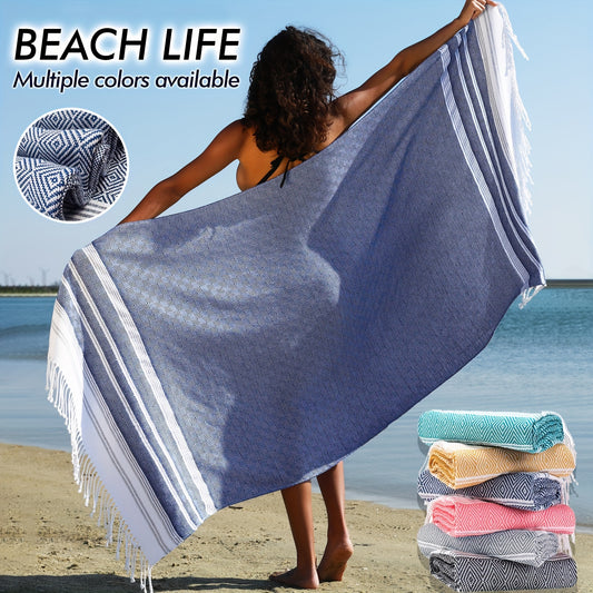 XL Turkish beach towel is quick dry, sandproof, and lightweight. Ideal for pool, swim, travel, and camping. Features tropical geometric design. Perfect gift for men, women, teachers, and beach goers.