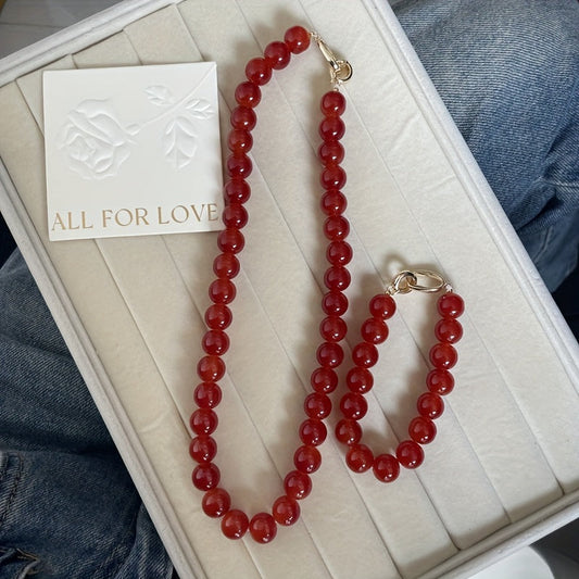 Vintage Ethnic Style 2-Piece Carnelian Necklace and Bracelet Set featuring Natural Stone, 12mm beads. April Birthstone. Made with Synthetic Stone for All-Season Wear. Ideal for Daily, Vacation, Lunar New Year, and Holiday Parties.