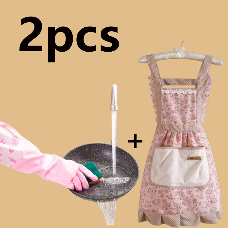 Get a pair of durable pink waterproof cleaning gloves, plus a non-slip pink apron. The dishwashing gloves are suitable for various uses in the kitchen, laundry, bathroom, toilet, living room, and bedroom. Made from PVC, these gloves are waterproof and