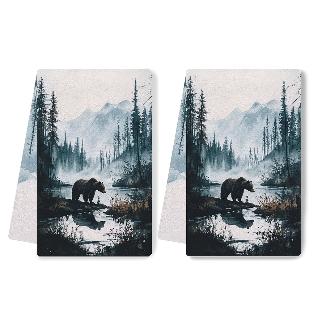 Set of 2 luxurious kitchen towels featuring a majestic grizzly bear in a wilderness scene. These ultra soft towels are highly absorbent, machine washable, and designed in a contemporary style. Each towel measures 40.64x60.96 cm.