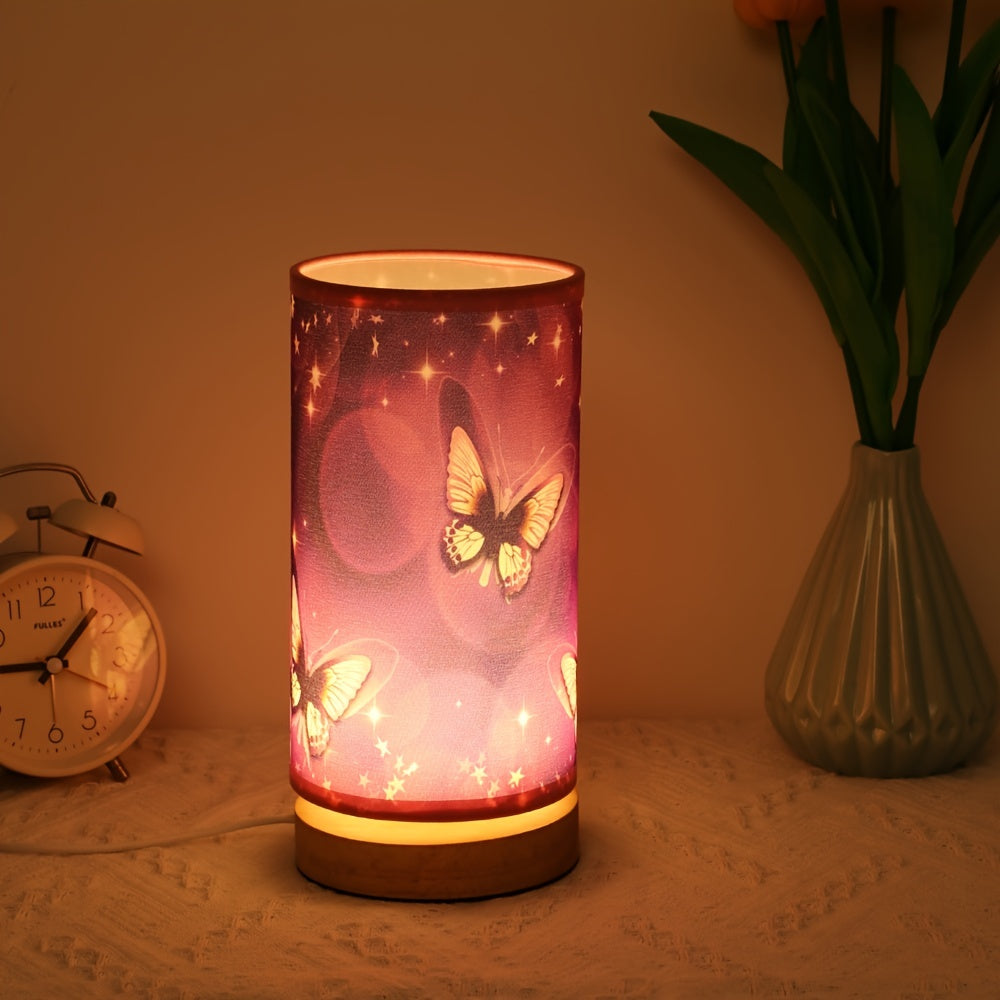 Purple butterfly table lamp with wood base - ideal for bedside or room decor.