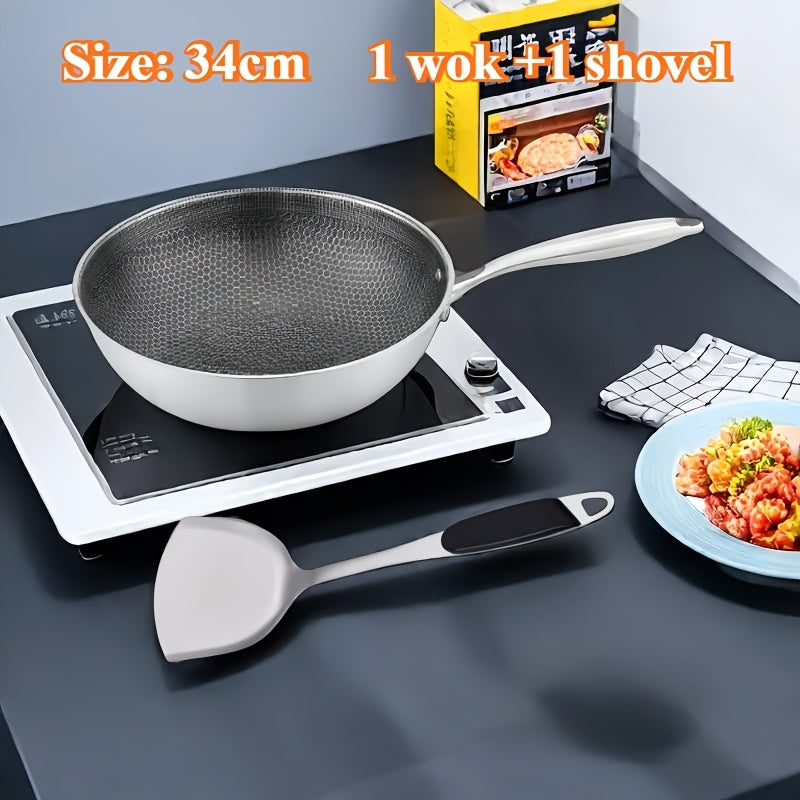 Stainless Steel Wok with Honeycomb Pattern, Non-Stick and Scratch-Resistant Coating, Ideal for Stir-Frying on Gas and Induction Cooktops