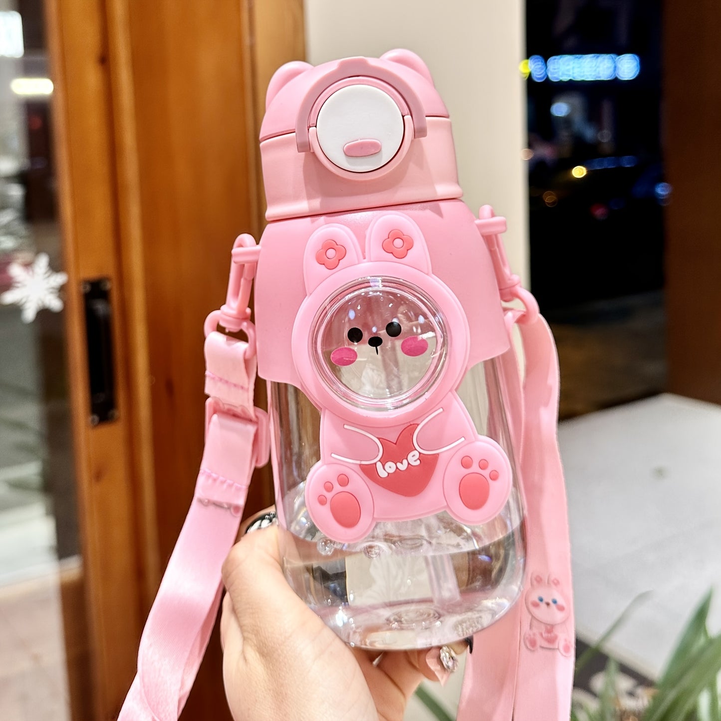 1pc Cute Cartoon Straw Water Bottle- Leak Proof Flip Top, Hand Wash Only, Ideal for Outdoor Activities, Travel, Fitness- Round Shape, PVC Free PC Material.