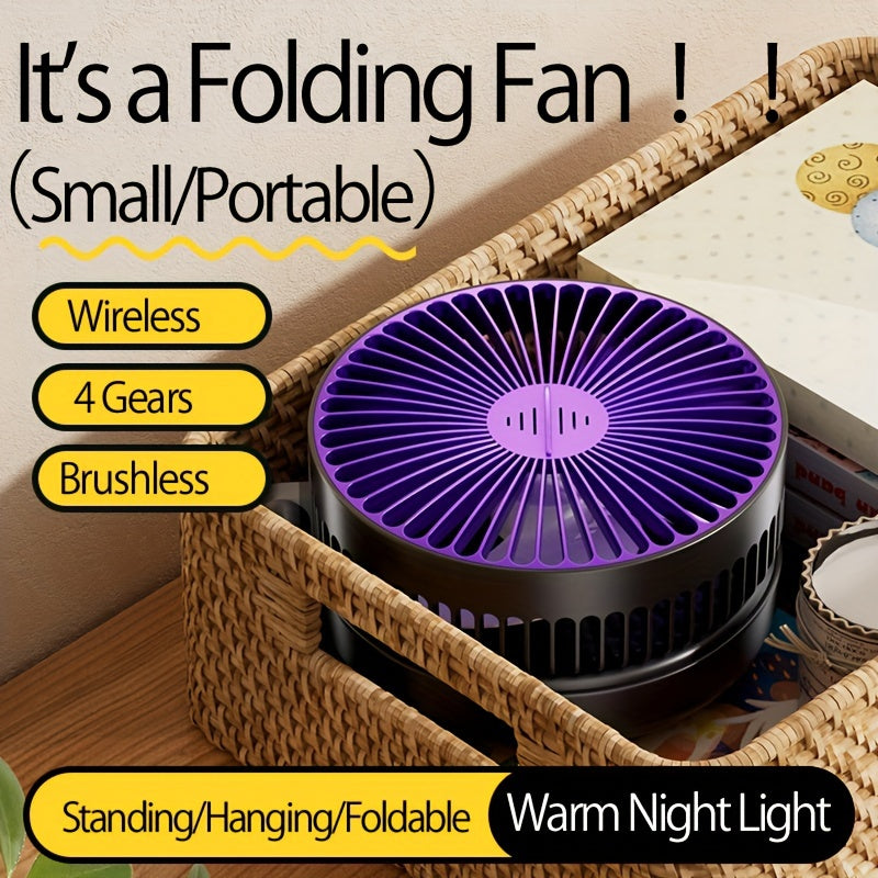 Versatile and Compact 3-in-1 Rechargeable Circulation Fan with Quiet Brushless Motor and Warm Night Light Feature - Perfect for Office, Home, and Outdoor Use - Includes Traceless Hook for Easy Mounting - Portable and Foldable Design with 4 Adjustable