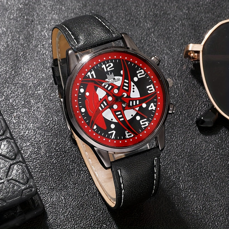 Set of 5, Men's Red Black Fashion Quartz PU Leather Watch and Bead Bracelet Set, Perfect Gift for Him.