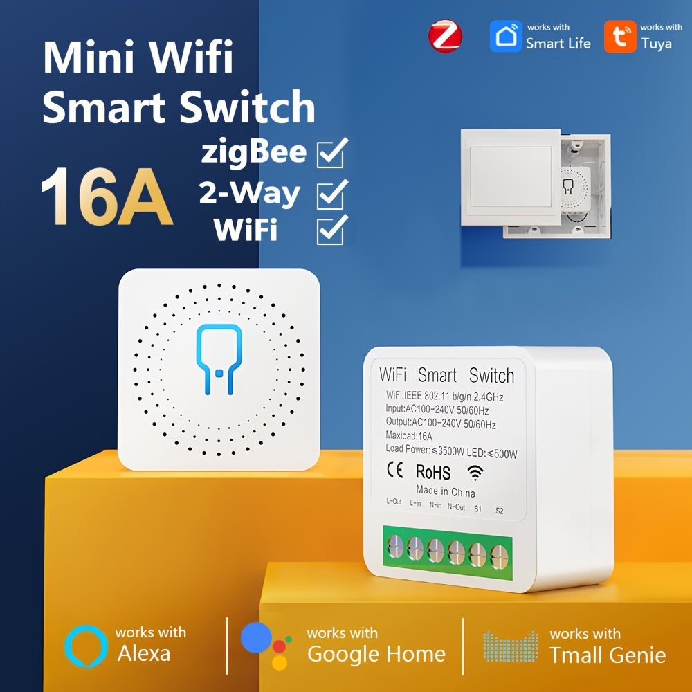 2-Way Mini WiFi Smart Power Switch, 16A, ZigBee, Tuya Smart Life App, Voice Control with Alexa & Google Home, Non-Waterproof, App-Controlled, Flush Mount for Electronics and Audio Systems -