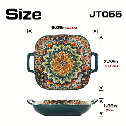 Square ceramic serving tray with floral design and double handles, perfect for any season.