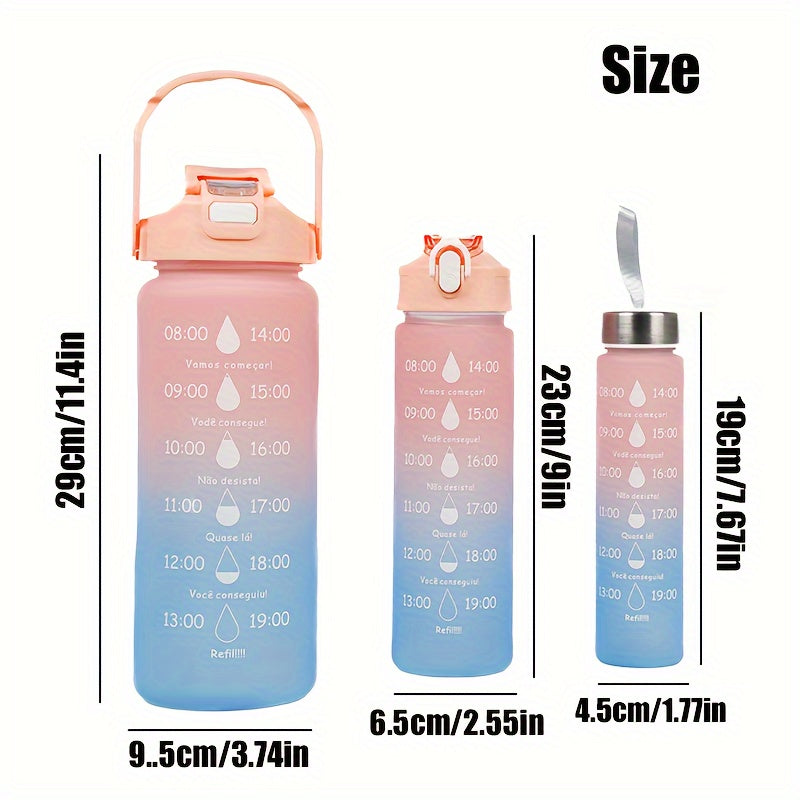 Set of 3 sports water bottles with time marker, leakproof design, and one-click open lid. Great for fitness and outdoor activities.