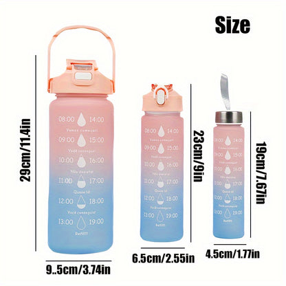 Set of 3 sports water bottles with time marker, leakproof design, and one-click open lid. Great for fitness and outdoor activities.