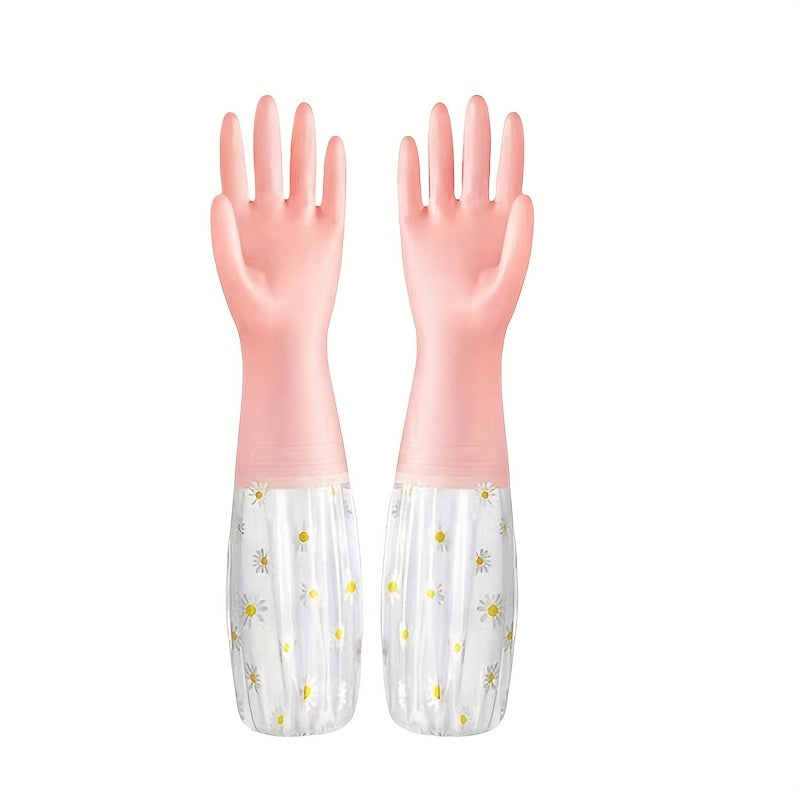 Waterproof PVC cleaning gloves with a daisy pattern, perfect for non-slip dishwashing in the kitchen, laundry, bathroom, toilet, and living room. These alcohol-free gloves are multi-purpose and ideal for all your cleaning needs. One pair included in the