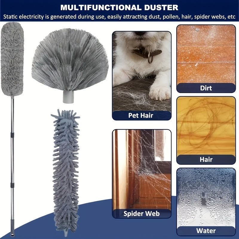 Extendable Duster Set with Stainless Steel Pole - Easily Remove Spider Webs & Dust - Perfect for Home, Car, and Outdoor Use - No Batteries Needed