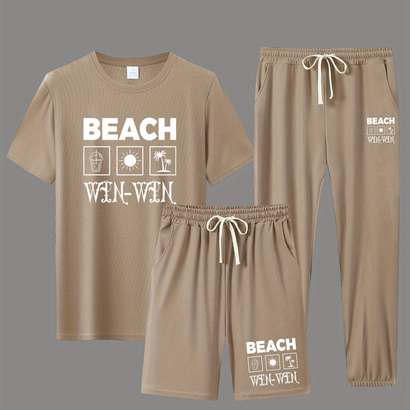 BEACH Men's 3-Piece Casual Sportswear Set includes crew neck short sleeve t-shirt, shorts and long pants. Made of 100% polyester knit fabric with slight stretch and patterned print.