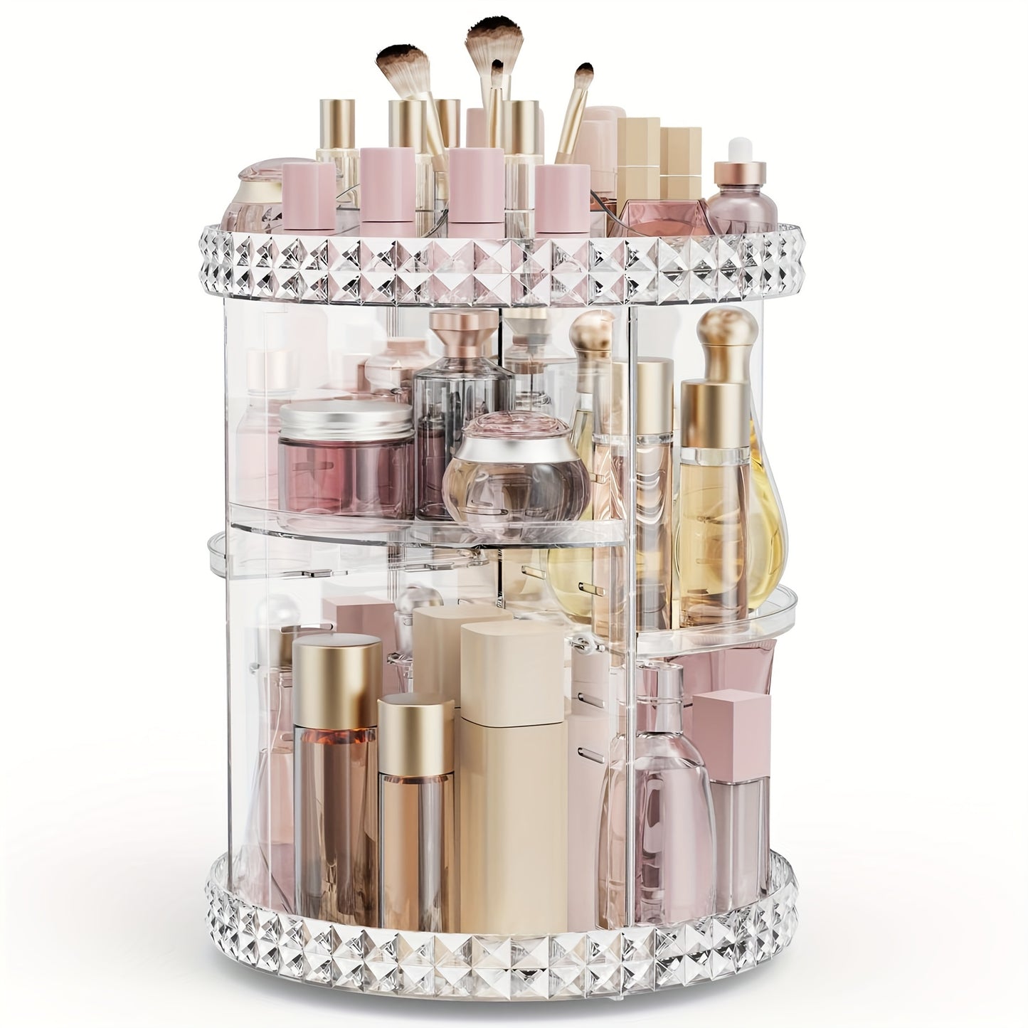 Rotating makeup organizer with high-capacity storage for skincare, makeup, perfume, lipstick, lotion, and cosmetic brushes.