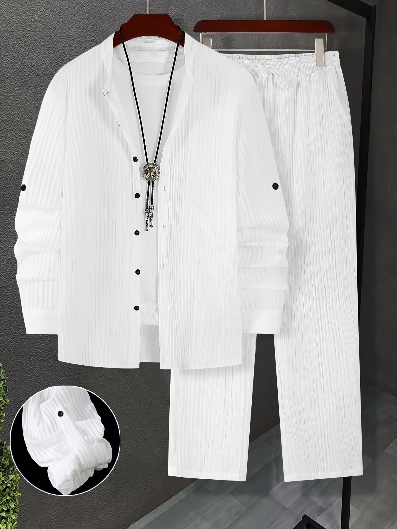 Men's Textured Polyester Sweatsuit Set, Casual Style, Regular Fit, Collared Shirt, Drawstring Pants, Button Details, All-Season Woven Lash Sets