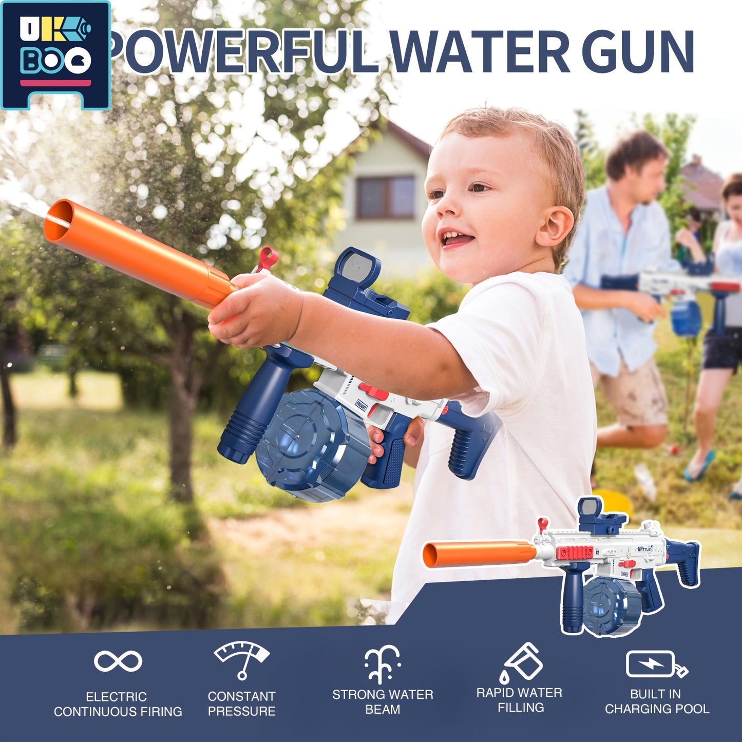 UKBOO USB rechargeable electric water gun for adults: long range, automatic squirt toy for summer outdoor and pool fun.