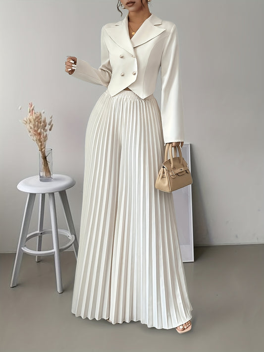 Elegant double-breasted suit set with pleated pants for fashionable commuting style.