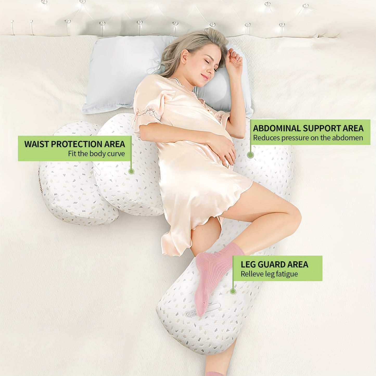 Extra firm U-shaped maternity pillow with hidden zipper for easy removal, breathable design for comfortable side sleeping, and removable pillowcase for added convenience. Features lumbar support cushion for added comfort.