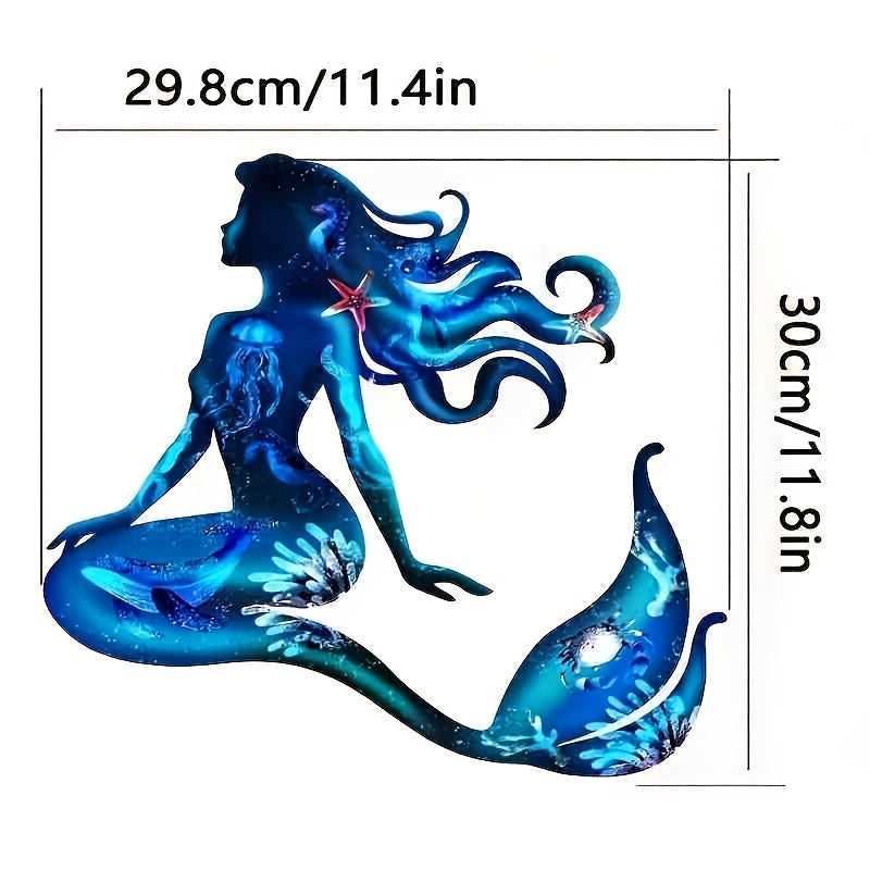 Ocean-themed metal mermaid wall art for indoor or outdoor nautical decor.