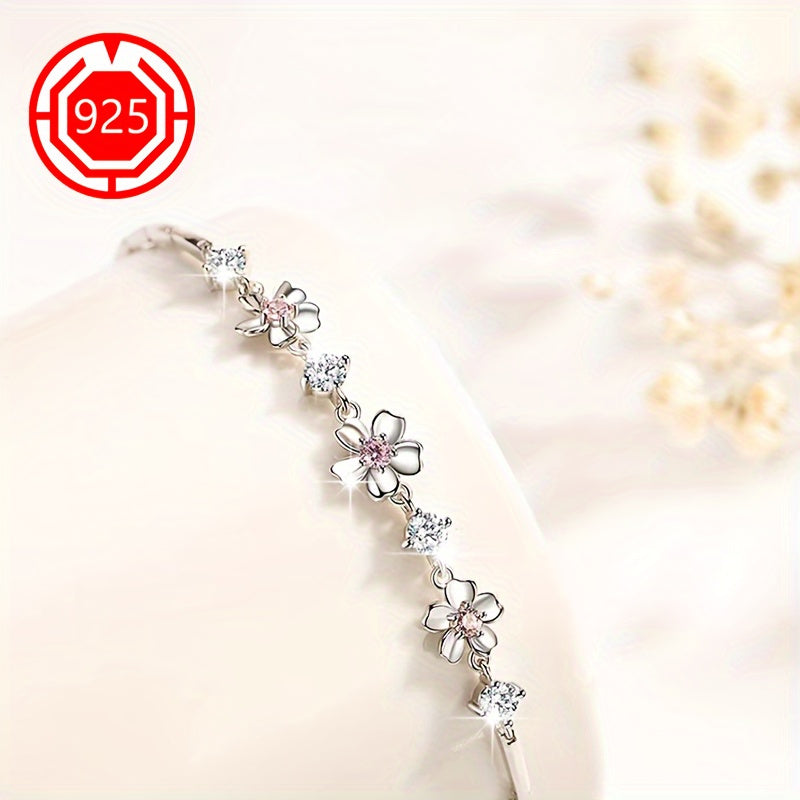 925 Sterling Silver Cherry Blossom Bracelet with 18K Gold Plating, Hypoallergenic and Elegant Floral Design - Ideal Gift for Girlfriend, Best Friend, Wedding, or Holidays. Lightweight at 4g, comes with Gift Box for All Seasons.