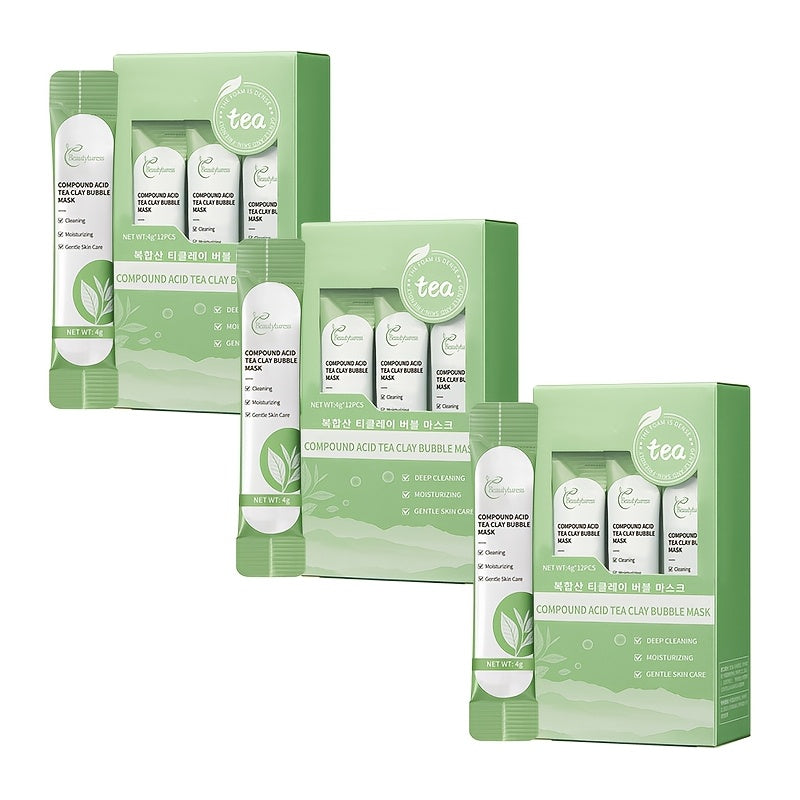 12-piece box of Composite Acid Tea Mud Bubble Mask with salicylic acid, lactic acid, centella asiatica, and niacinamide. Cleanses, refines pores, brightens, hydrates, and tightens skin