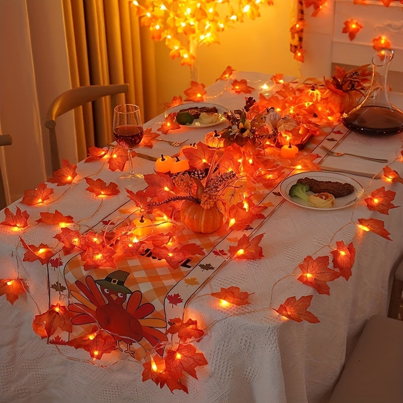 Stargirl rustic autumn maple leaf indoor LED string lights are battery powered for Thanksgiving and Halloween décor, featuring a harvest festival fabric leaf garland. Batteries not included.