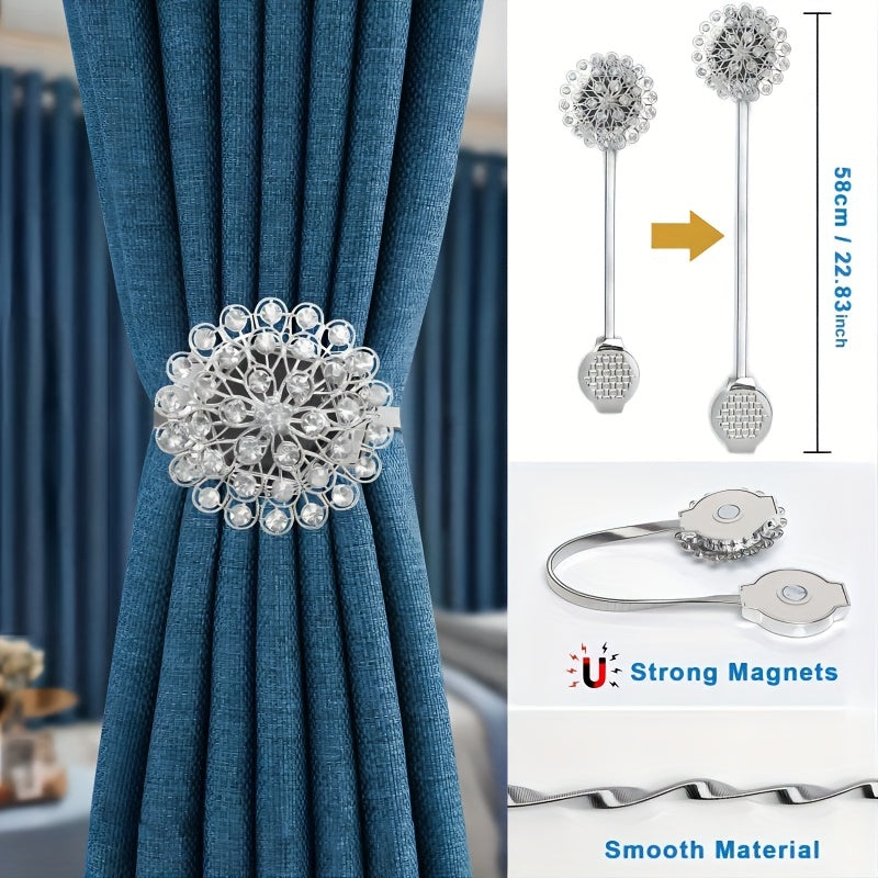 Decorate your home or office with a magnetic strip for curtains featuring a dazzling crystal flower tieback that includes a high elastic spring wire.