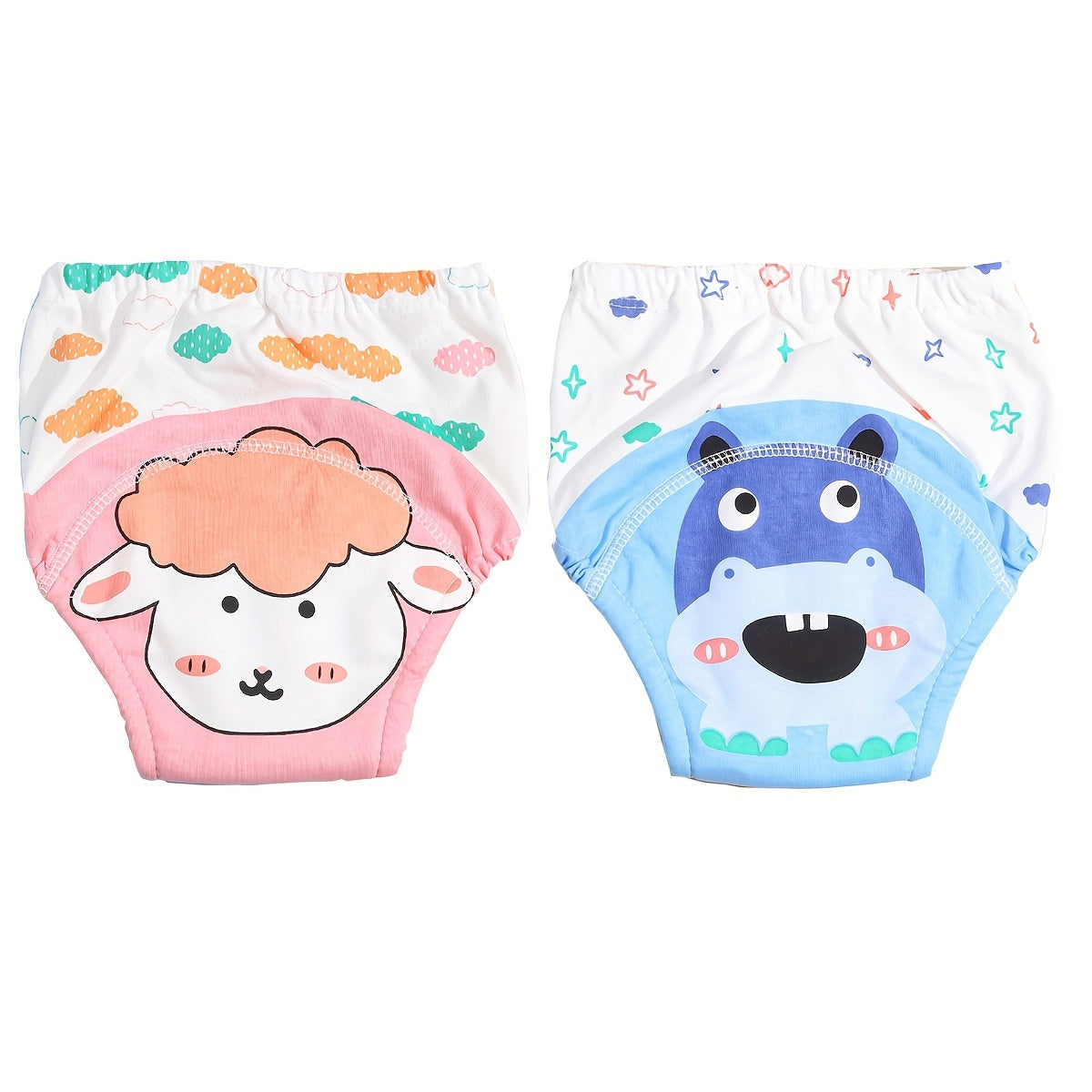 Cotton Training Pants 2-Pack for Toddlers Ages 0-3, Waterproof Baby Underwear with Cartoon Prints, Unisex Learning Diapers, Breathable Cloth Potty Training Pants