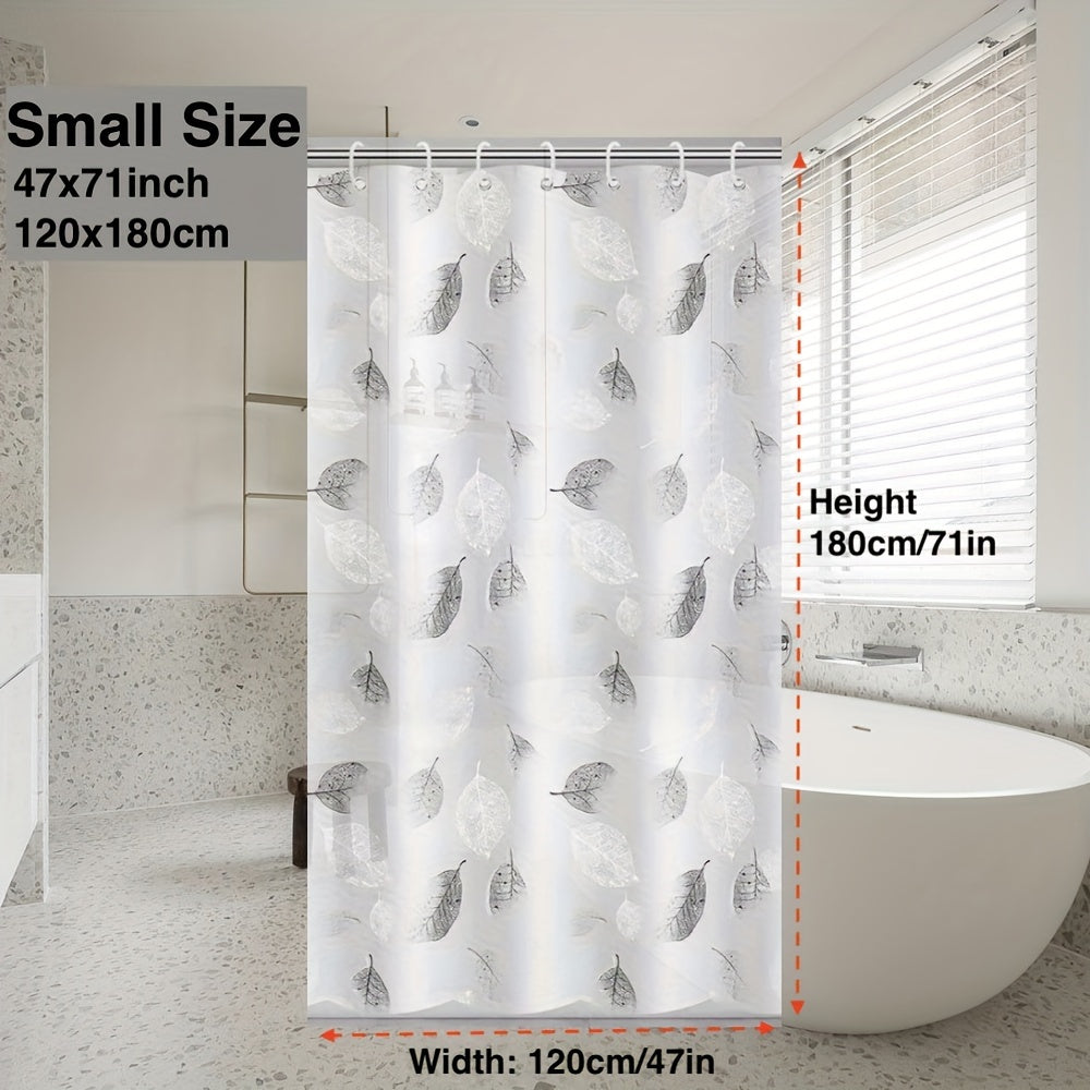 Waterproof PEVA shower curtain liner with leaf pattern and plastic hooks, suitable for various settings such as hotels, apartments, dormitories, and homes for bathroom and window decoration.