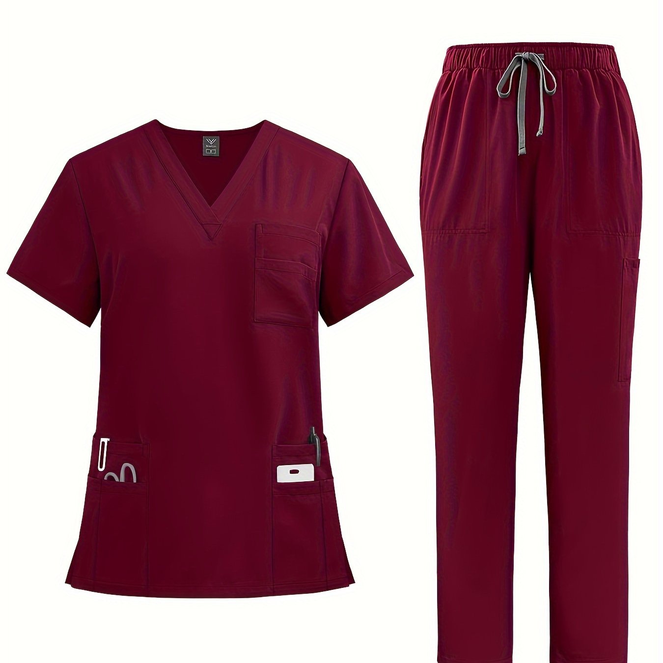 Premium polyester spandex scrubs set with V-neck shirt and straight-leg pants for nurses and surgeons.