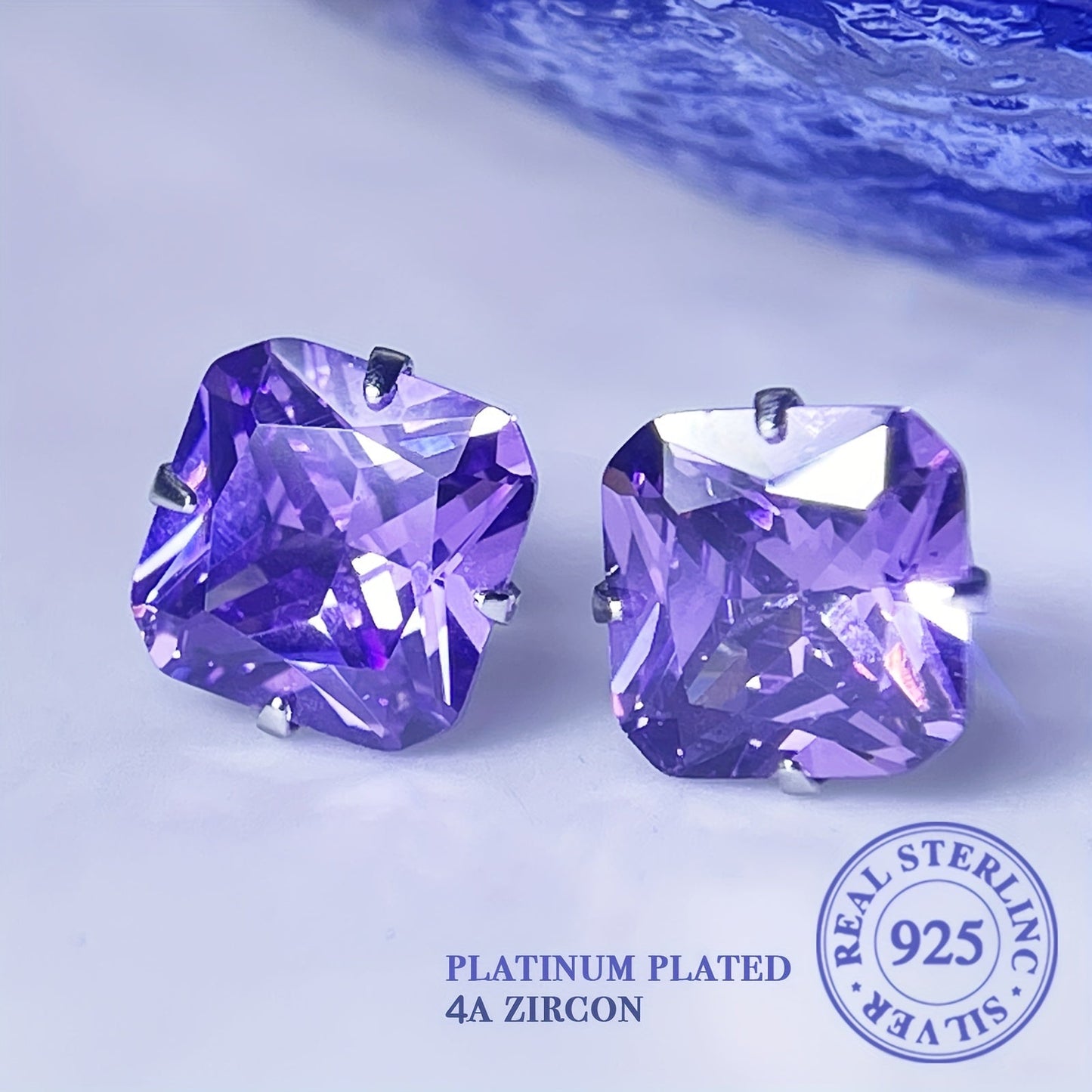 925 Sterling Silver Hypoallergenic Square Stud Earrings featuring Sparkling Purple Zirconia Inlays - Elegant Luxury Style Wedding Ear Decor