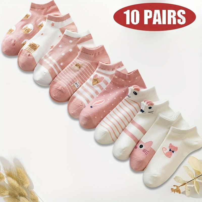 10 pairs of cute, comfy, and breathable cat pattern sports socks for women.