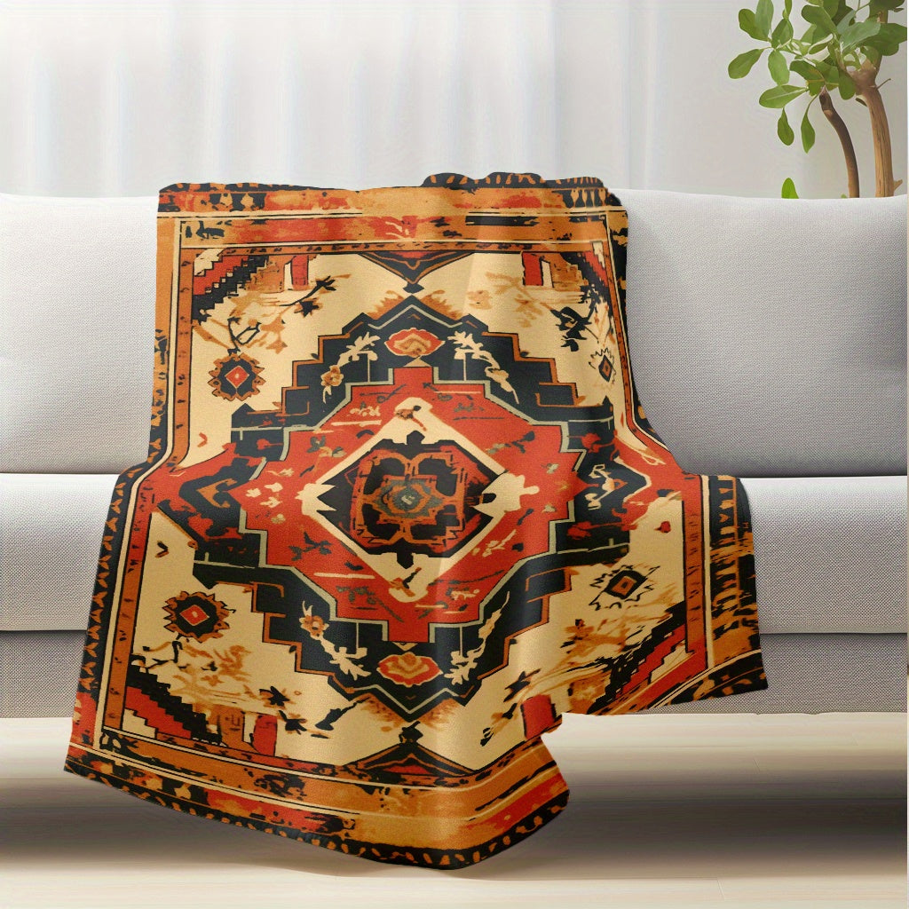 Soft and cozy contemporary knitted polyester flannel throw blanket featuring an ethnic carpet pattern digital print. This lightweight plush fleece is perfect for all seasons and can be used for sofa, home leisure, office nap, camping, and travel. It is