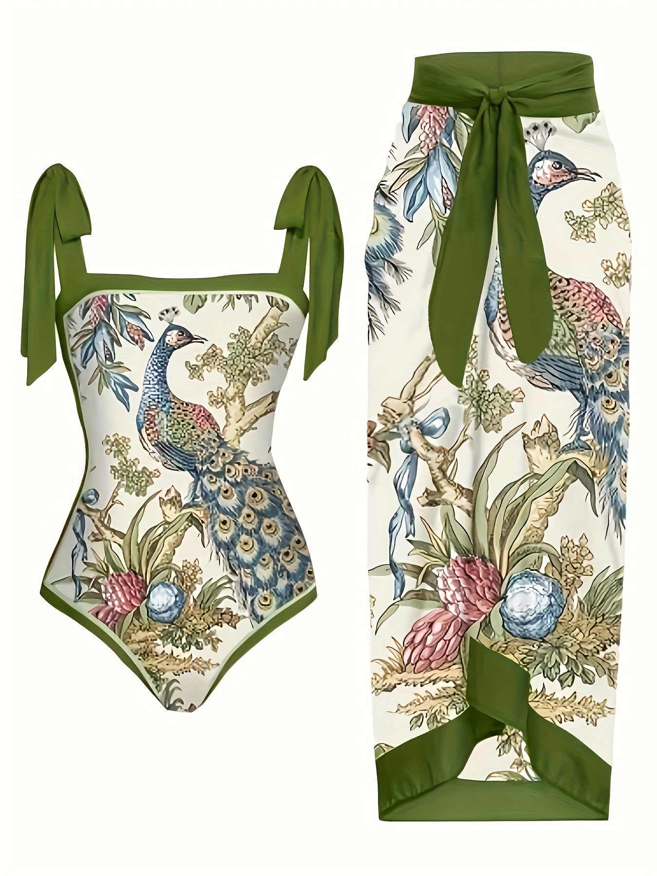 Two piece swimsuits with bird and floral print, tummy control one-piece bathing suit with bow tie shoulder straps, cover up skirt, swimwear and clothing for women.