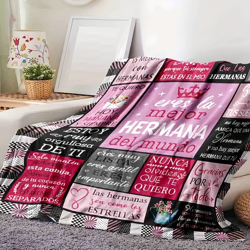 Contemporary Plaid Flannel Throw Blanket Featuring Mixed Colors and Spanish Phrases, Hypoallergenic Material for All-Season Use, Dry Clean Only, Versatile Gift for Sister - Digitally Printed on Knit Polyester Fabric