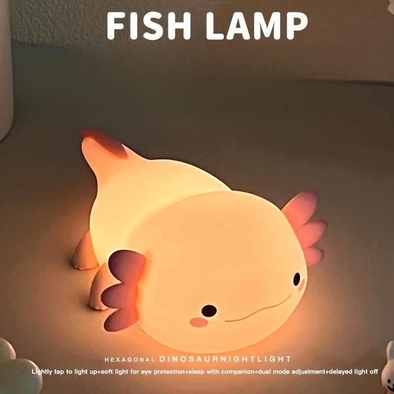 Cute Axolotl night light with touch control, dimming, and timer. USB rechargeable silicone lamp for kids' bedrooms.