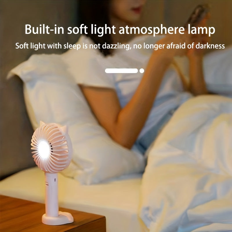 Adorable and Compact USB Handheld Fan with Bunny Ears - Ideal for Students, Dorms, and Outdoor Activities - Quiet Operation and Built-in Night Light Feature