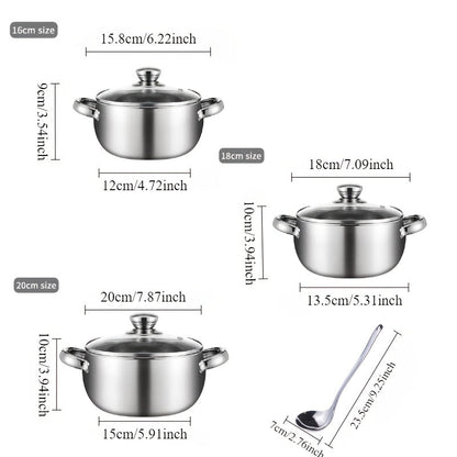 7-Piece Induction Compatible Stainless Steel Cookware Set with Glass Lids, Ergonomic Handles, Includes 3 Stockpots, Ladle, Ideal for Soup, Stew, and Cooking. Dishwasher Safe and Comes with a Bonus Essential Kitchen Gift.